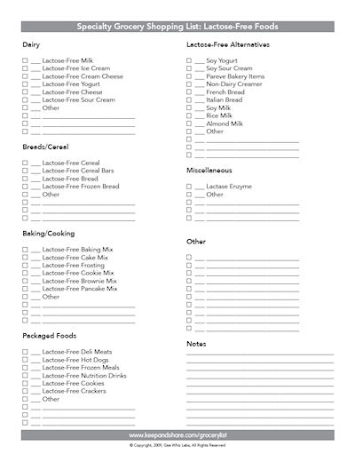 lactose grocery list