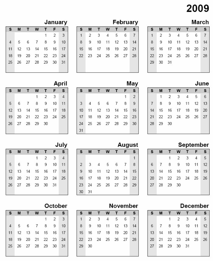 2009 Calendar Template