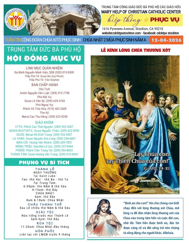 BẢN TIN CỘNG ĐOÀN CHÚA NHẬT II MÙA PHỤC SINH NĂM A -  LỄ KÍNH LÒNG CHÚA THƯƠNG XÓT - 12-04-2026