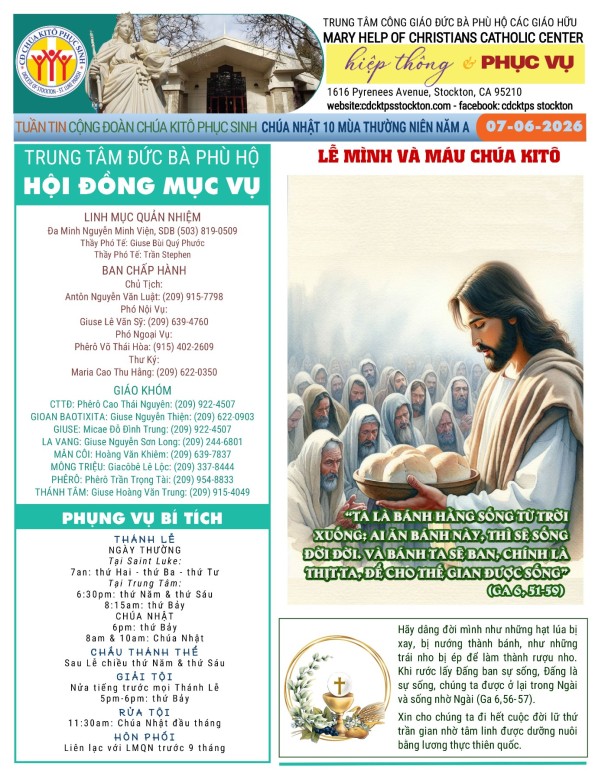 BẢN TIN CỘNG ĐOÀN CHÚA NHẬT X MÙA THƯỜNG NIÊN NĂM A - LỄ MÌNH MÁU VÀ CHÚA KITÔ - 07-05-2026